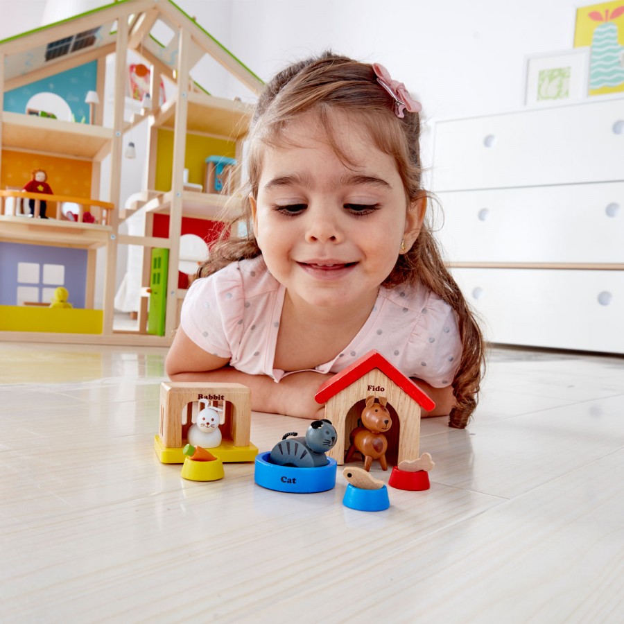 Ensemble Famille Poupées en Bois pour Maison avec Chat et Chien