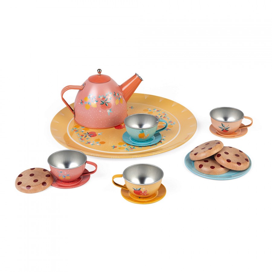 Service à thé en bois - 17 pcs | Set de jeux pour enfants avec gâteau et  support, théière, nourriture et accessoires | Jeux de rôle et d'imagination  